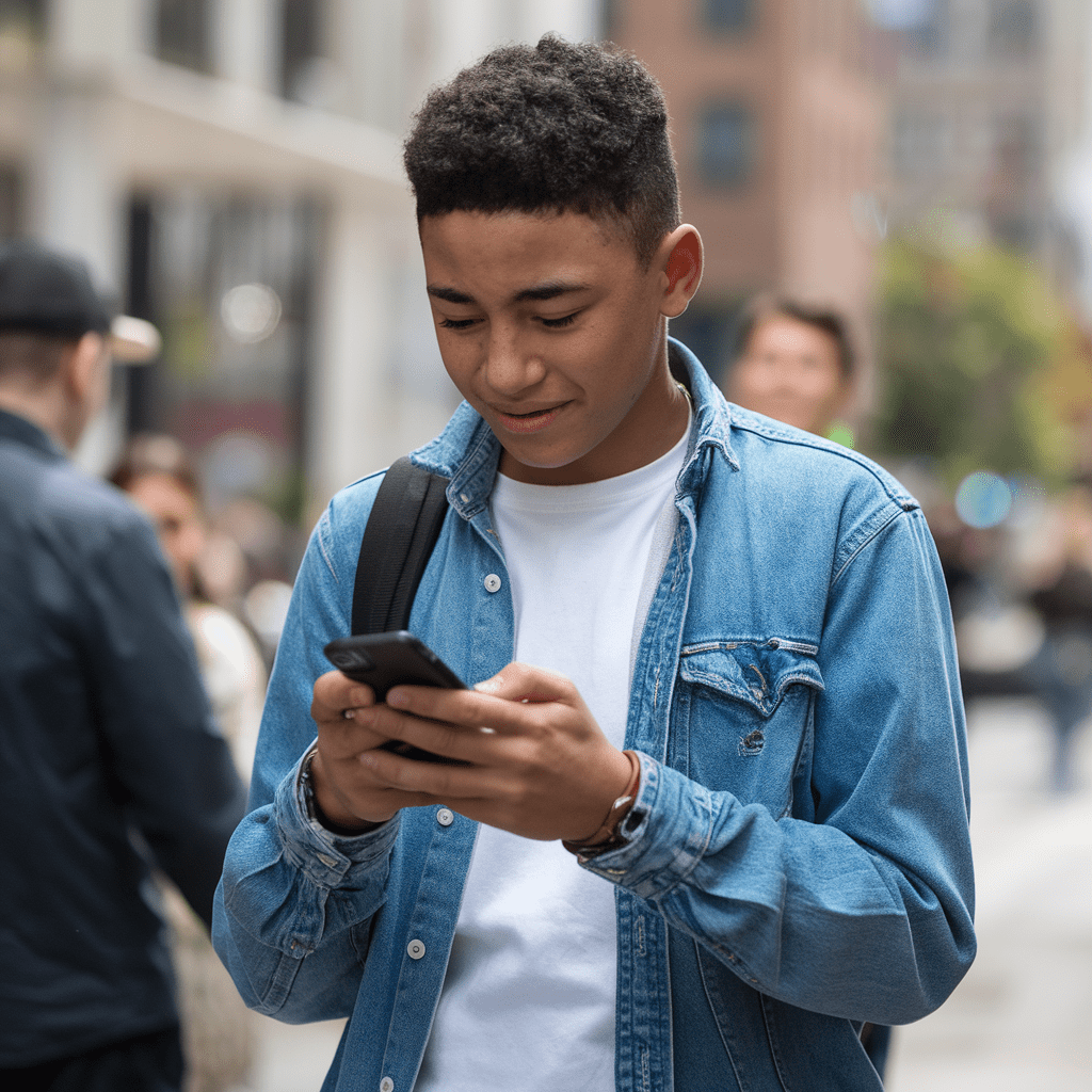 Black teenage boy on his phone